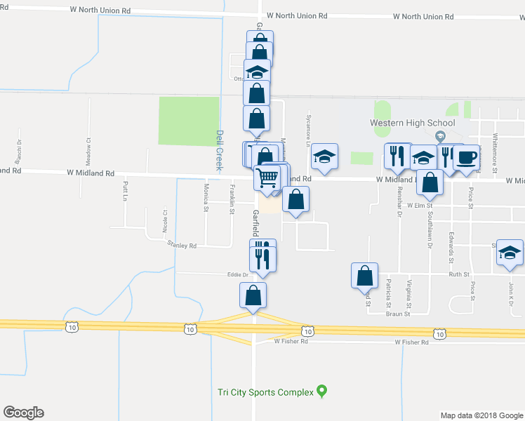 map of restaurants, bars, coffee shops, grocery stores, and more near 4799 North Garfield Road in Auburn