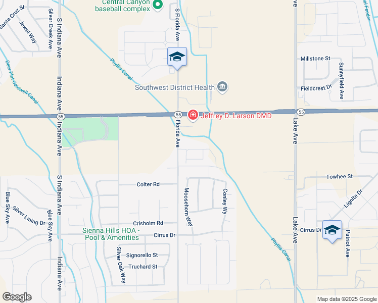 map of restaurants, bars, coffee shops, grocery stores, and more near 15823 Bear Track Lane in Caldwell