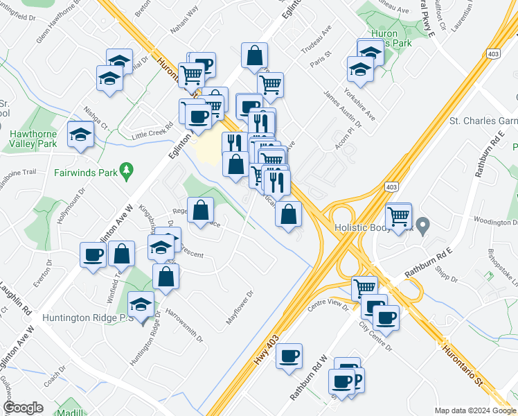 map of restaurants, bars, coffee shops, grocery stores, and more near in Mississauga