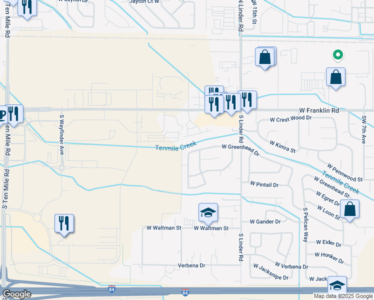 map of restaurants, bars, coffee shops, grocery stores, and more near 1950 West Greenhead Drive in Meridian