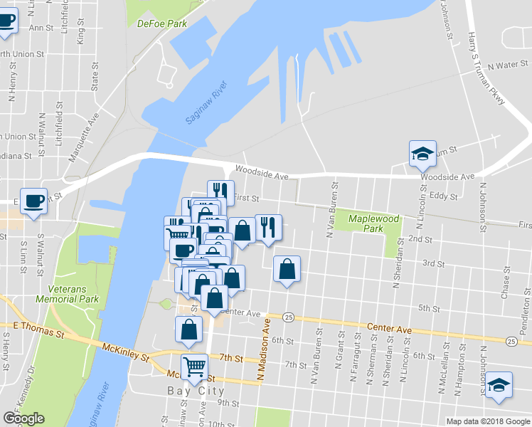 map of restaurants, bars, coffee shops, grocery stores, and more near 1201 North Madison Avenue in Bay City