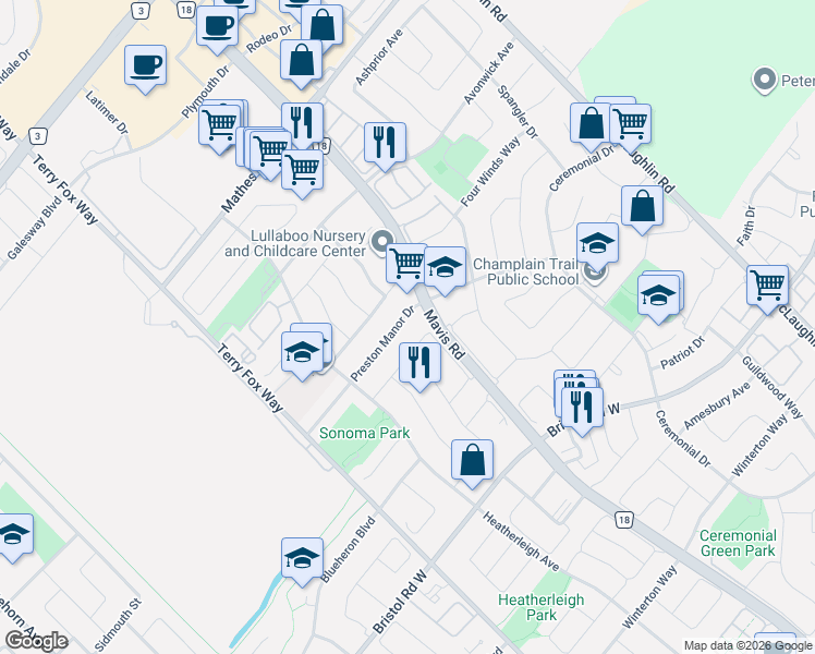 map of restaurants, bars, coffee shops, grocery stores, and more near 824 Preston Manor Drive in Mississauga