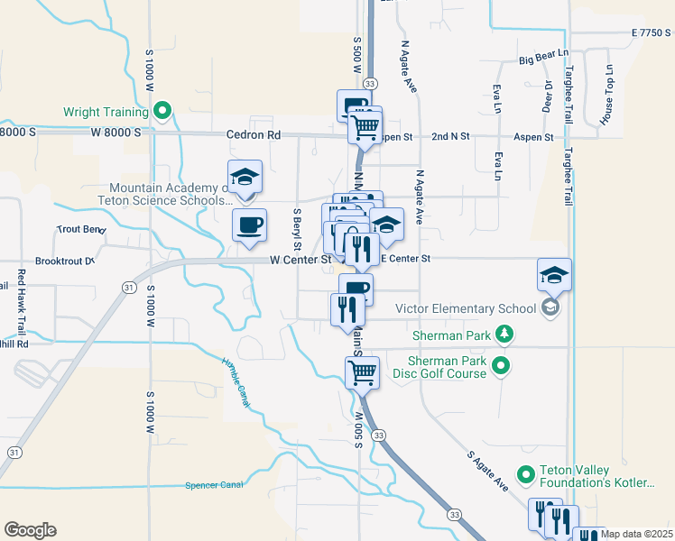 map of restaurants, bars, coffee shops, grocery stores, and more near 38 West Center Street in Victor