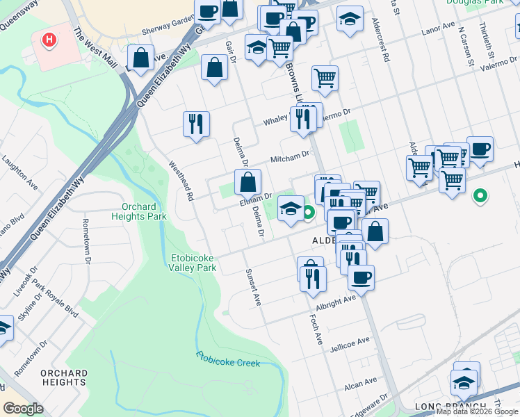 map of restaurants, bars, coffee shops, grocery stores, and more near 25 Delma Drive in Toronto