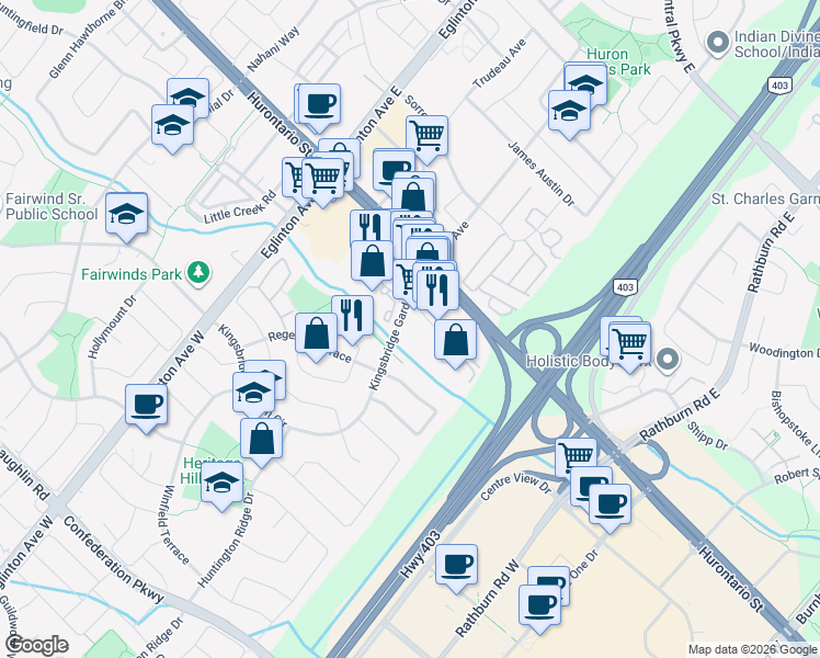 map of restaurants, bars, coffee shops, grocery stores, and more near 50 Kingsbridge Garden Circle in Mississauga