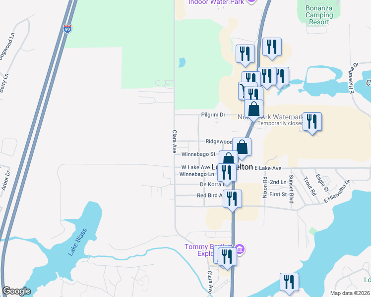 map of restaurants, bars, coffee shops, grocery stores, and more near 1117 Clara Avenue in Wisconsin Dells