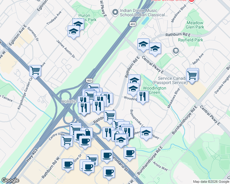 map of restaurants, bars, coffee shops, grocery stores, and more near 4281 Woodington Drive in Mississauga