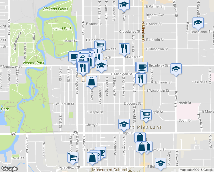 map of restaurants, bars, coffee shops, grocery stores, and more near 307 South Lansing Street in Mount Pleasant