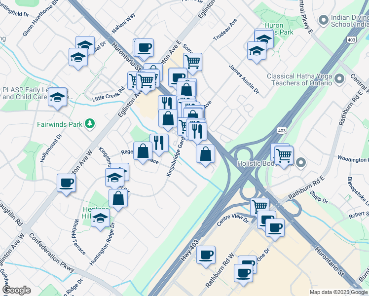 map of restaurants, bars, coffee shops, grocery stores, and more near 50 Kingsbridge Garden Circle in Mississauga