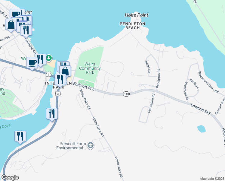 map of restaurants, bars, coffee shops, grocery stores, and more near 203 Endicott Street East in Laconia