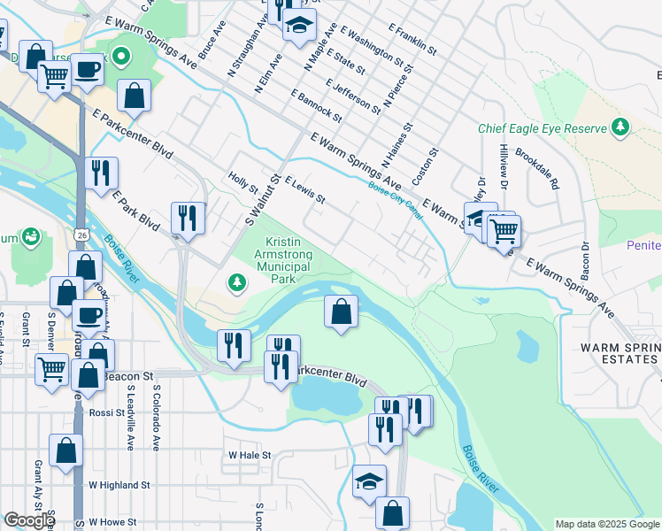 map of restaurants, bars, coffee shops, grocery stores, and more near 500 South Walnut Street in Boise