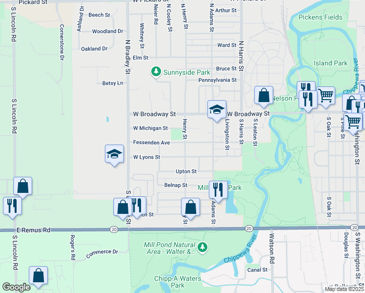 map of restaurants, bars, coffee shops, grocery stores, and more near 1406 West Lyons Street in Mount Pleasant