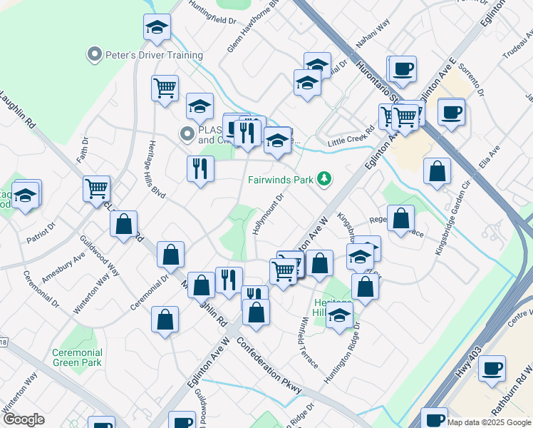 map of restaurants, bars, coffee shops, grocery stores, and more near Hollymount Drive in Mississauga