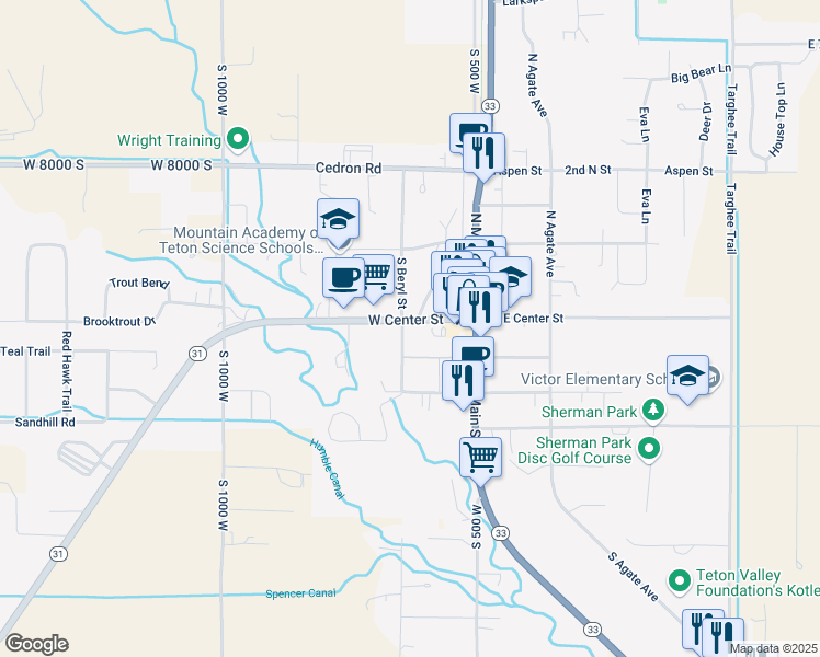 map of restaurants, bars, coffee shops, grocery stores, and more near 92 West Center Street in Victor