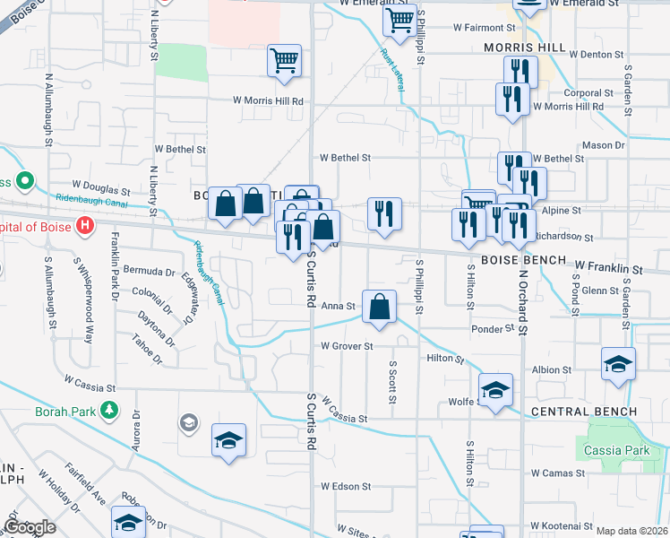 map of restaurants, bars, coffee shops, grocery stores, and more near 208 South Curtis Road in Boise
