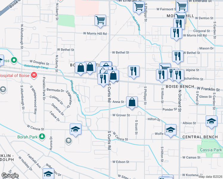 map of restaurants, bars, coffee shops, grocery stores, and more near 208 South Curtis Road in Boise