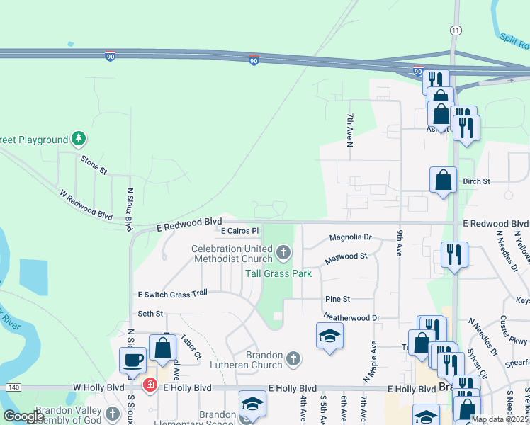 map of restaurants, bars, coffee shops, grocery stores, and more near 400 East Redwood Boulevard in Brandon