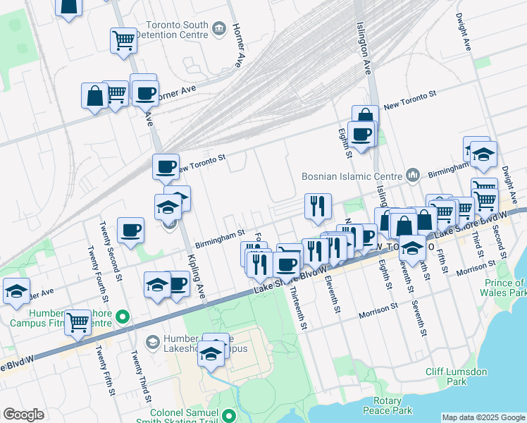 map of restaurants, bars, coffee shops, grocery stores, and more near 234 Birmingham Street in Toronto