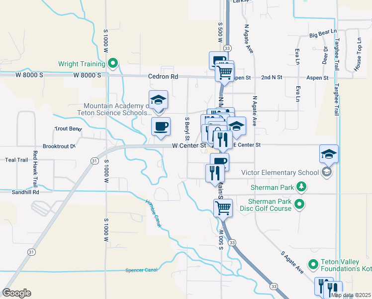 map of restaurants, bars, coffee shops, grocery stores, and more near 57 South Beryl Avenue in Victor