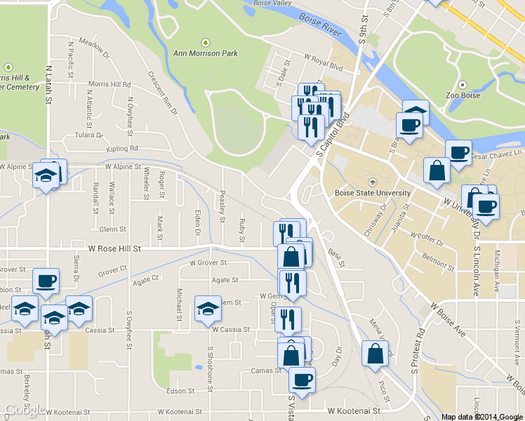 map of restaurants, bars, coffee shops, grocery stores, and more near 1701 Eastover Terrace in Boise