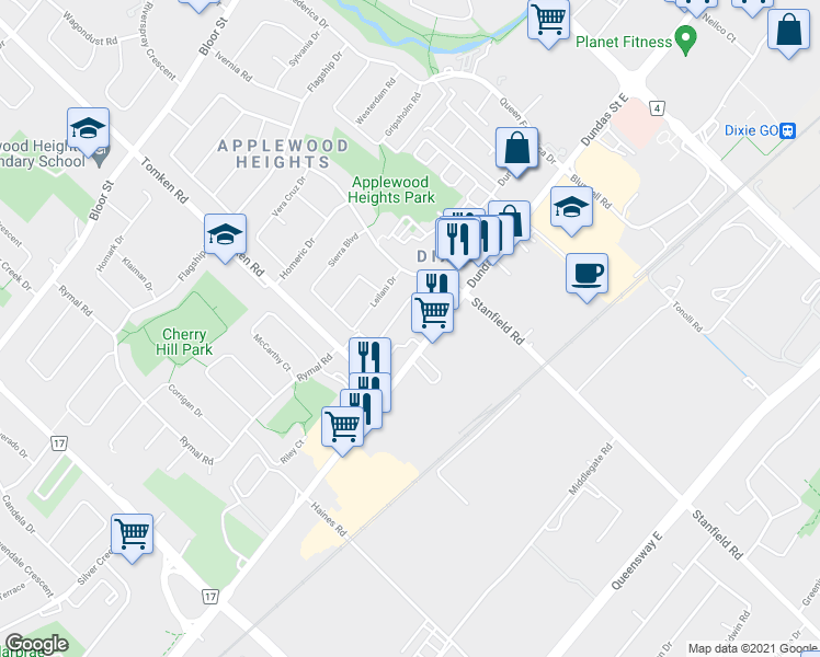 map of restaurants, bars, coffee shops, grocery stores, and more near 1055 Dundas Street East in Mississauga