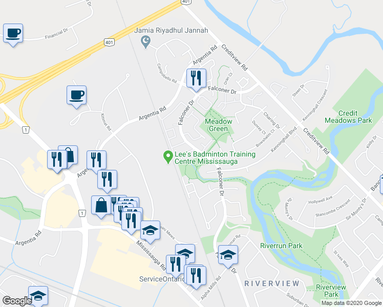 map of restaurants, bars, coffee shops, grocery stores, and more near 120 Falconer Drive in Mississauga