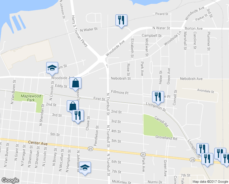 map of restaurants, bars, coffee shops, grocery stores, and more near 114 Fillmore Place in Bay City