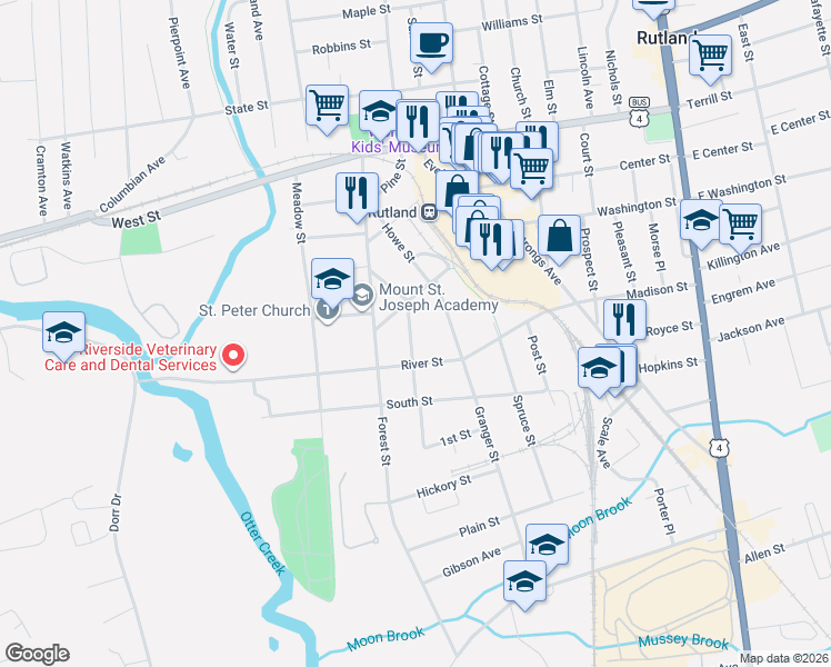 map of restaurants, bars, coffee shops, grocery stores, and more near 87 Brown Street in Rutland