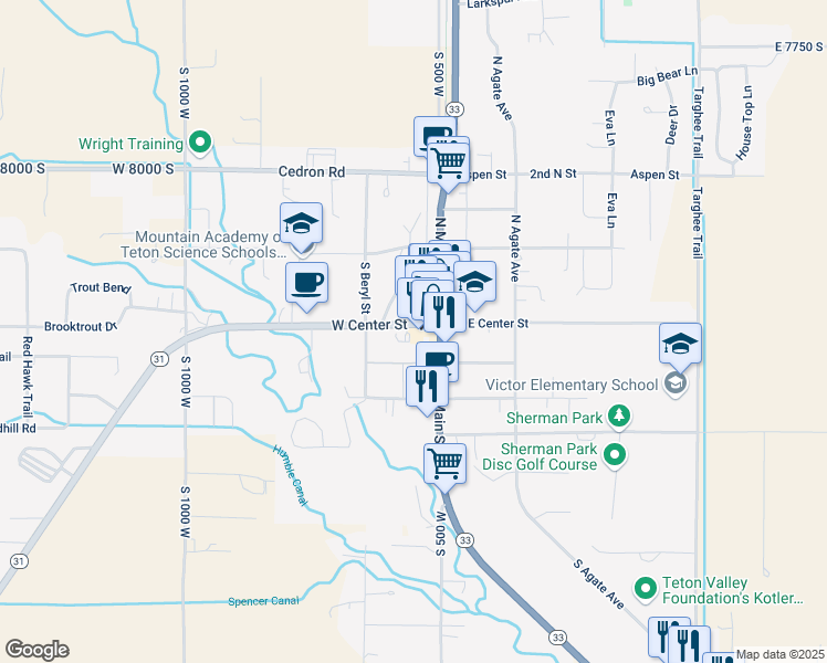 map of restaurants, bars, coffee shops, grocery stores, and more near 38 West Center Street in Victor