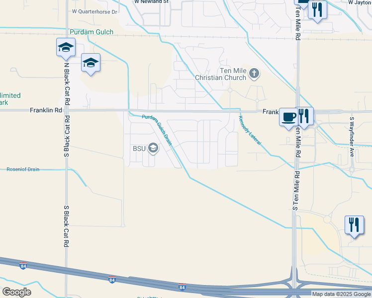map of restaurants, bars, coffee shops, grocery stores, and more near 321 South Iceberg Lake Avenue in Meridian