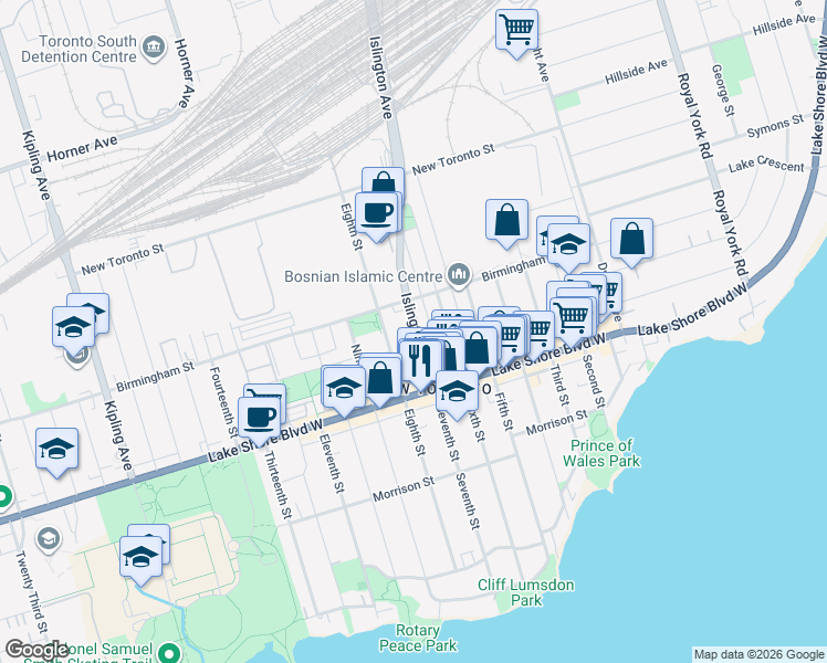 map of restaurants, bars, coffee shops, grocery stores, and more near 170 Islington Avenue in Toronto
