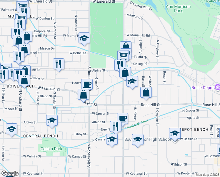 map of restaurants, bars, coffee shops, grocery stores, and more near 3905 West Alpine Street in Boise