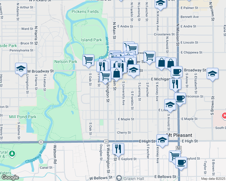 map of restaurants, bars, coffee shops, grocery stores, and more near 307 South Washington Street in Mount Pleasant