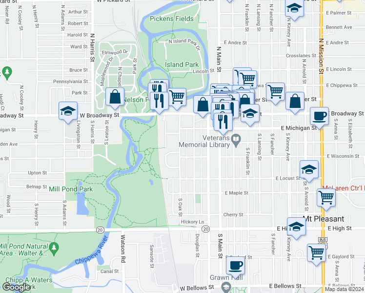 map of restaurants, bars, coffee shops, grocery stores, and more near 315 South Oak Street in Mount Pleasant