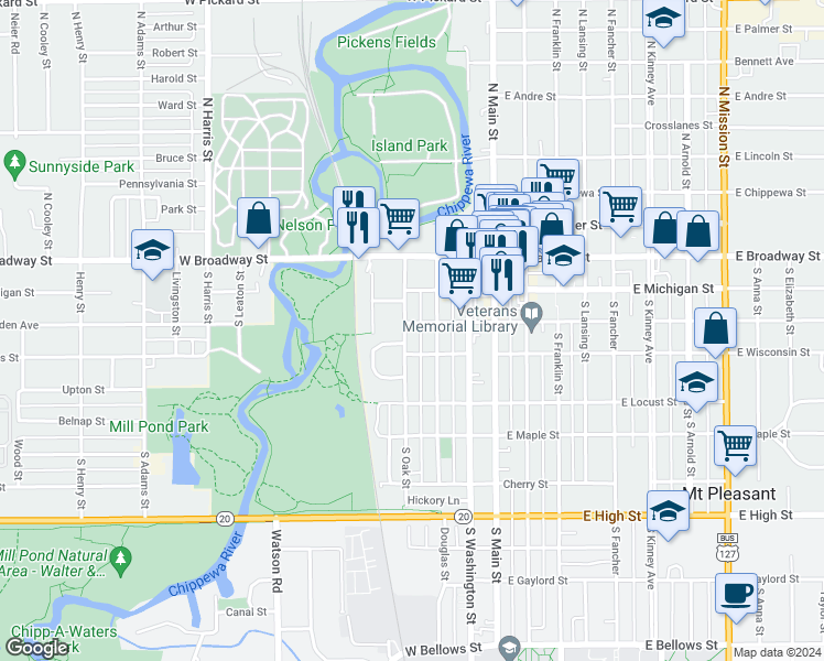 map of restaurants, bars, coffee shops, grocery stores, and more near 303 South Oak Street in Mount Pleasant