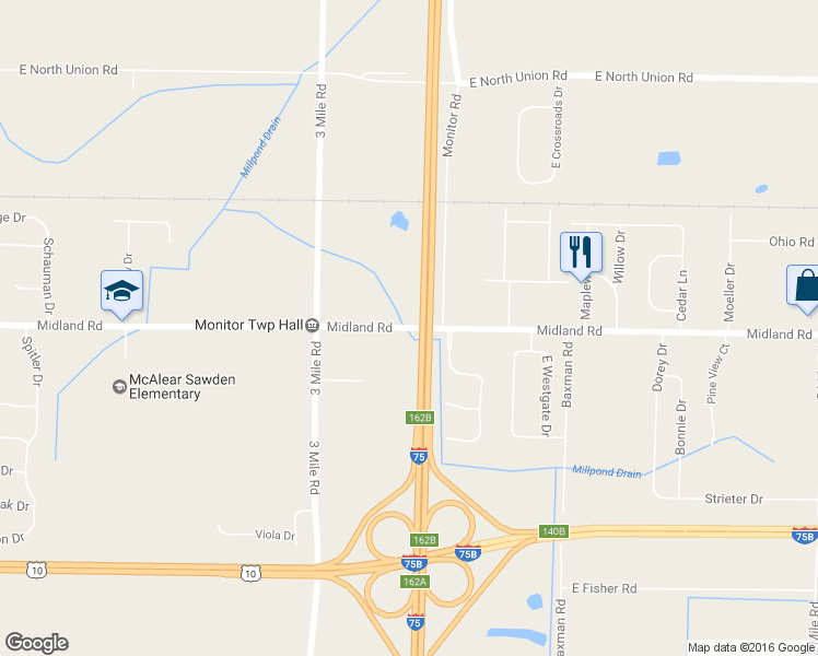 map of restaurants, bars, coffee shops, grocery stores, and more near 2586 Midland Road in Bay City