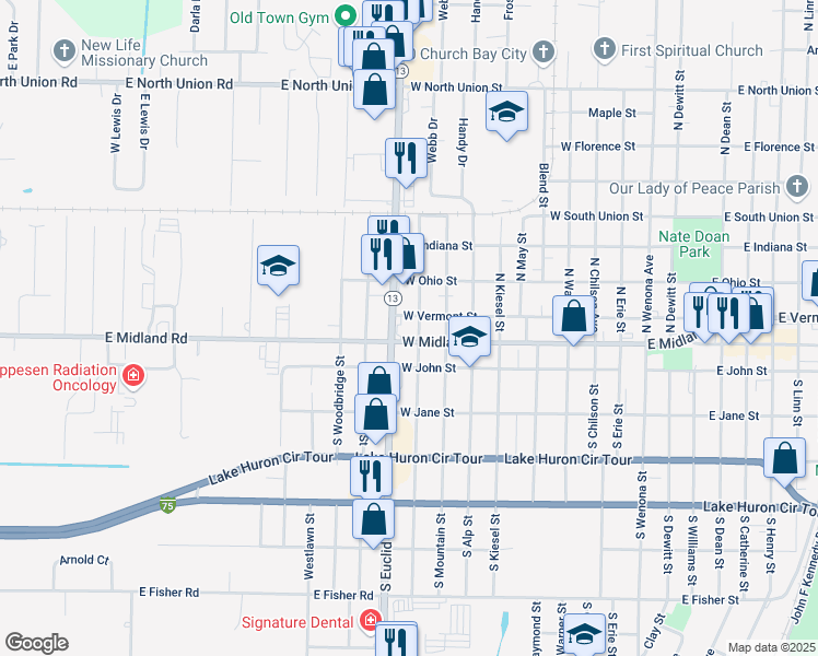 map of restaurants, bars, coffee shops, grocery stores, and more near 901-999 West Midland Street in Bay City