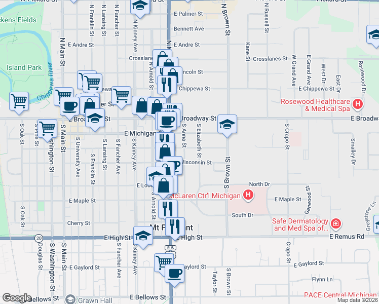 map of restaurants, bars, coffee shops, grocery stores, and more near 825 East Wisconsin Street in Mount Pleasant