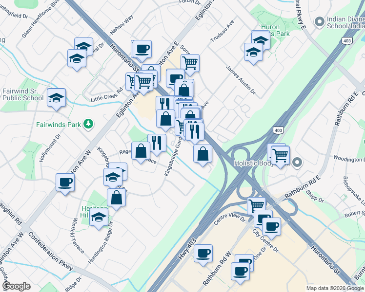 map of restaurants, bars, coffee shops, grocery stores, and more near 50 Kingsbridge Garden Circle in Mississauga
