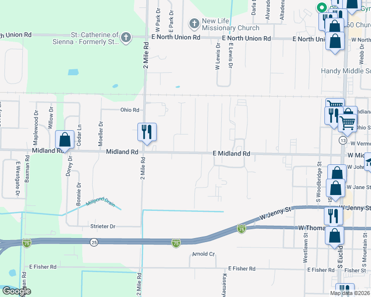 map of restaurants, bars, coffee shops, grocery stores, and more near 3088-3108 East Midland Road in Bay City