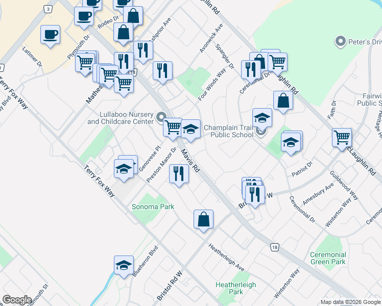 map of restaurants, bars, coffee shops, grocery stores, and more near 5327 Landsborough Avenue in Mississauga
