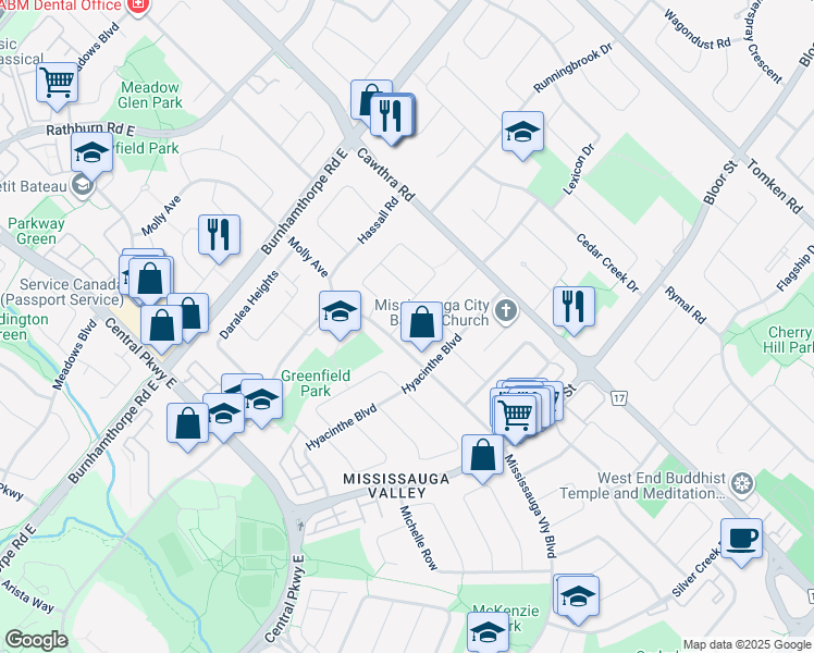 map of restaurants, bars, coffee shops, grocery stores, and more near 574 Eversley Drive in Mississauga