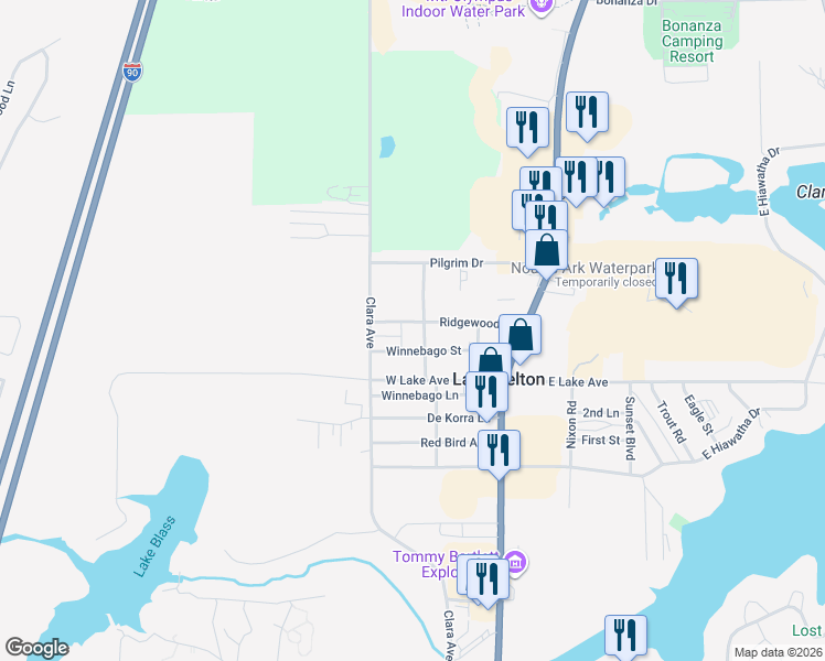 map of restaurants, bars, coffee shops, grocery stores, and more near 1117 Clara Avenue in Wisconsin Dells