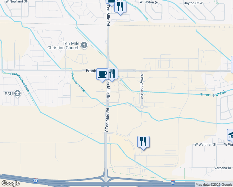 map of restaurants, bars, coffee shops, grocery stores, and more near 270 South Ten Mile Road in Meridian