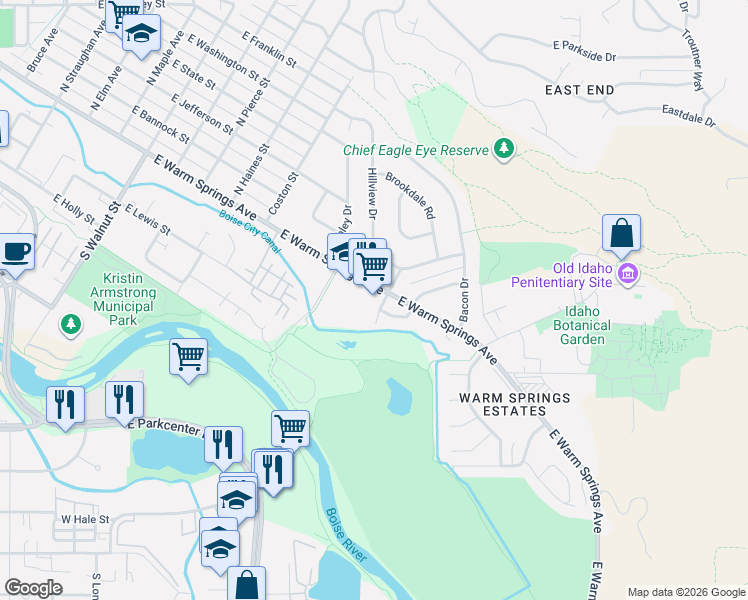 map of restaurants, bars, coffee shops, grocery stores, and more near 1835 East Warm Springs Avenue in Boise