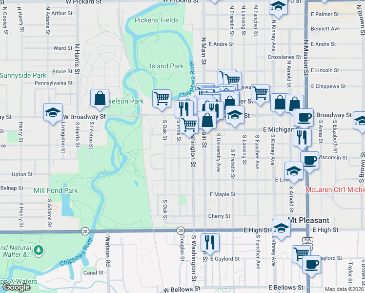 map of restaurants, bars, coffee shops, grocery stores, and more near in Mount Pleasant