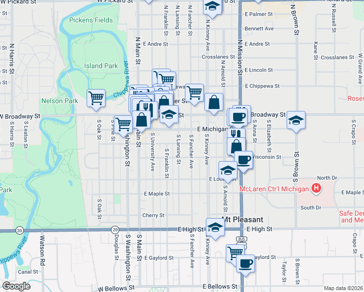 map of restaurants, bars, coffee shops, grocery stores, and more near 400 East Illinois Street in Mount Pleasant