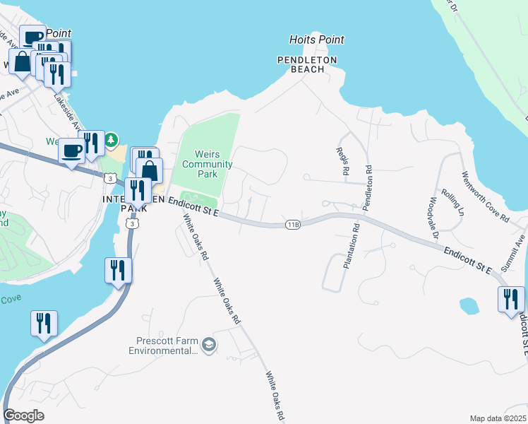 map of restaurants, bars, coffee shops, grocery stores, and more near 203 Endicott Street East in Laconia