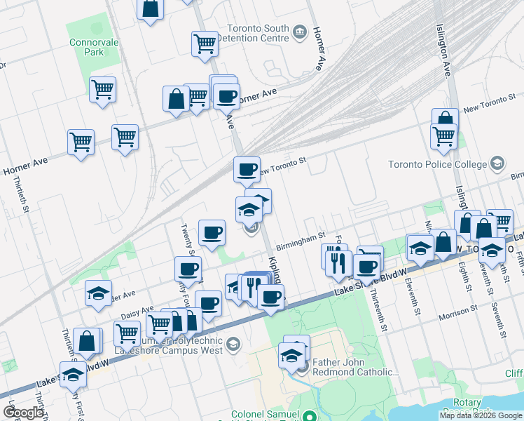 map of restaurants, bars, coffee shops, grocery stores, and more near 3865 Lake Shore Boulevard West in Toronto