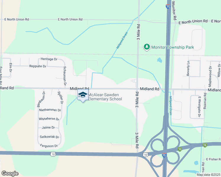 map of restaurants, bars, coffee shops, grocery stores, and more near 2394 Midland Road in Bay City